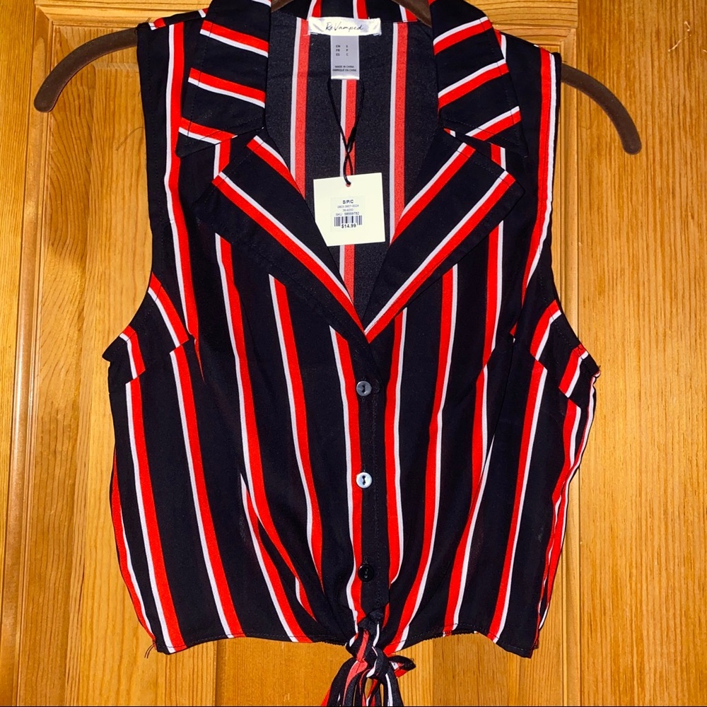 Striped button down tee with tie